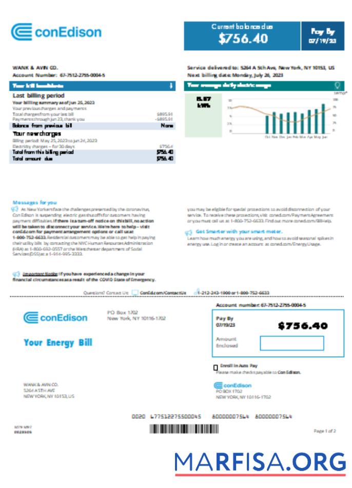Printable Con Edison utility business bill, page 1, SCR example